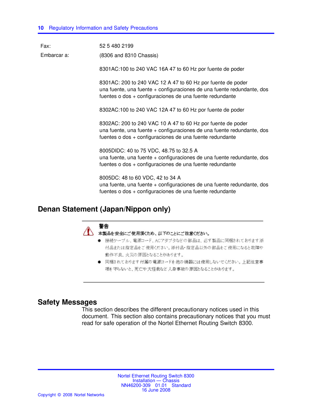 Nortel Networks 8310, 8306 manual Denan Statement Japan/Nippon only Safety Messages 