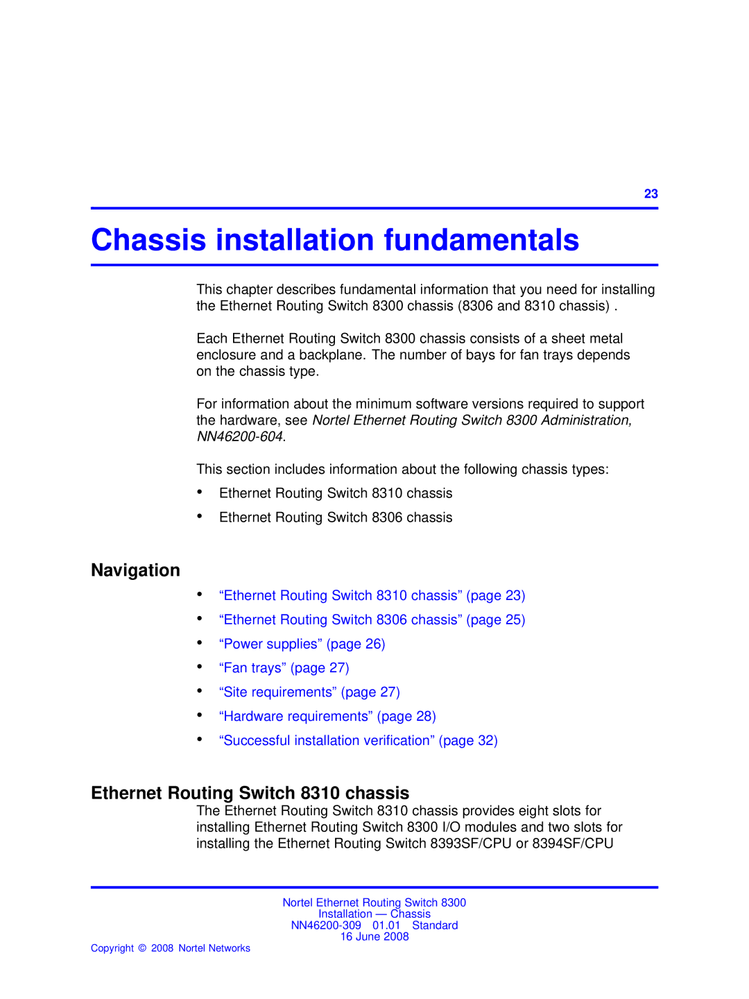 Nortel Networks 8306 manual Chassis installation fundamentals, Ethernet Routing Switch 8310 chassis 