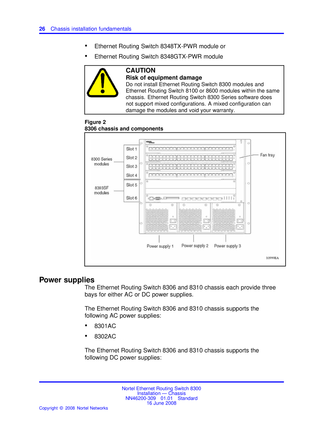 Nortel Networks 8310, 8306 manual Power supplies 