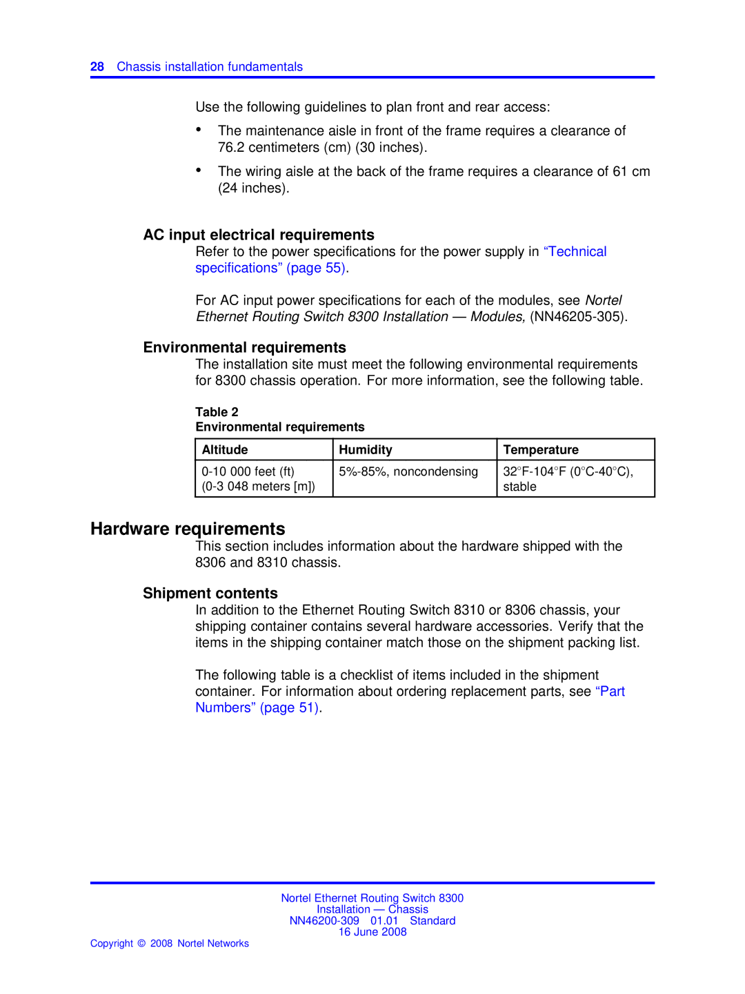 Nortel Networks 8310, 8306 manual AC input electrical requirements, Shipment contents 