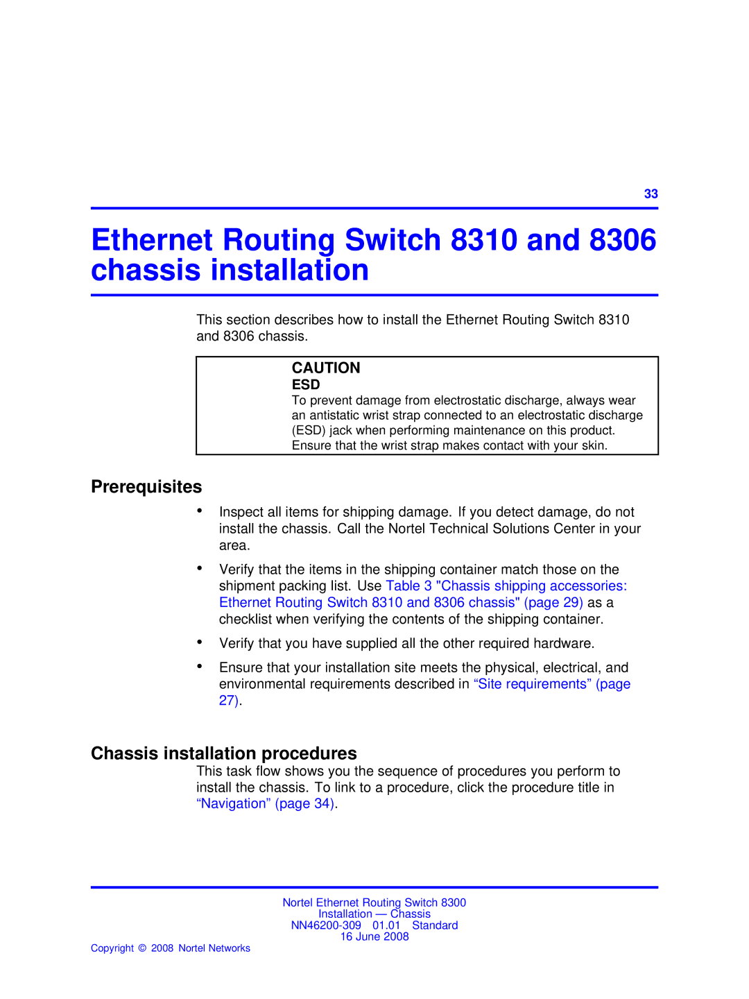 Nortel Networks manual Ethernet Routing Switch 8310 and 8306 chassis installation, Chassis installation procedures 