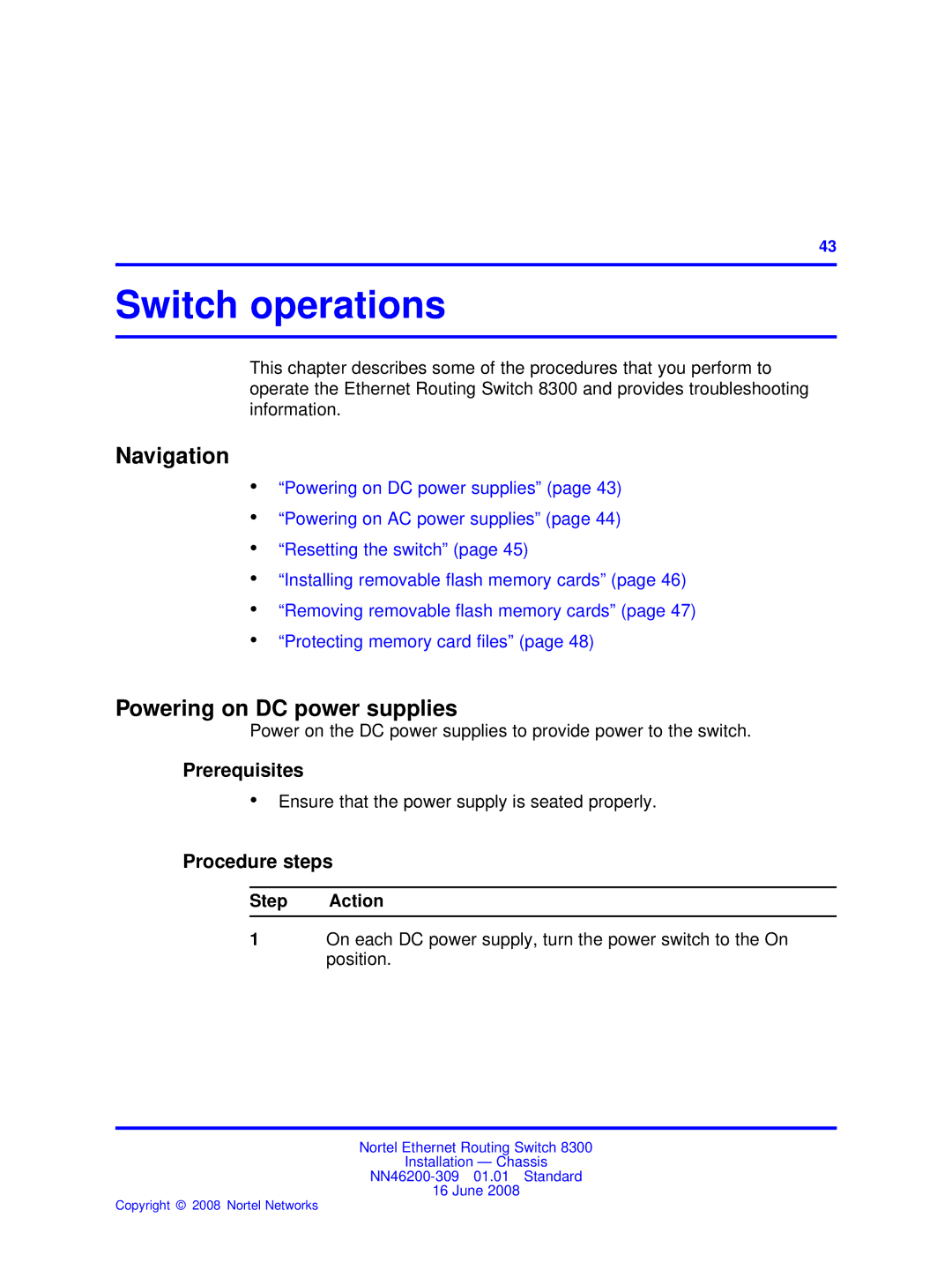 Nortel Networks 8306, 8310 manual Switch operations, Powering on DC power supplies 