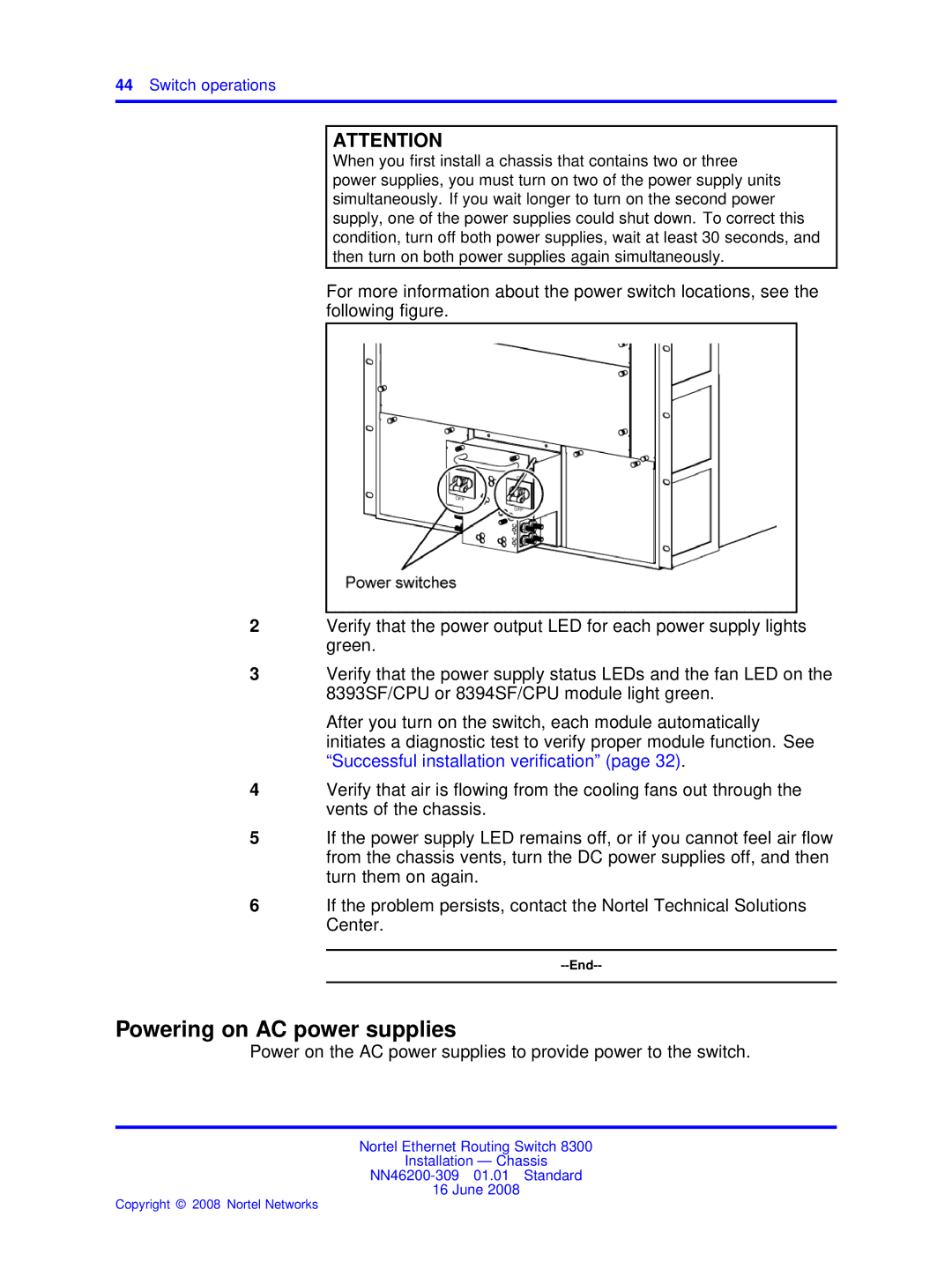 Nortel Networks 8310, 8306 manual Powering on AC power supplies, Switch operations 