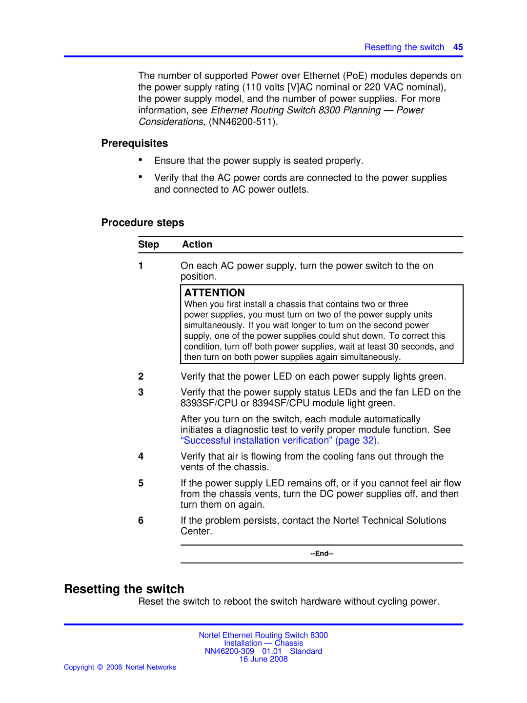 Nortel Networks 8306, 8310 manual Resetting the switch 