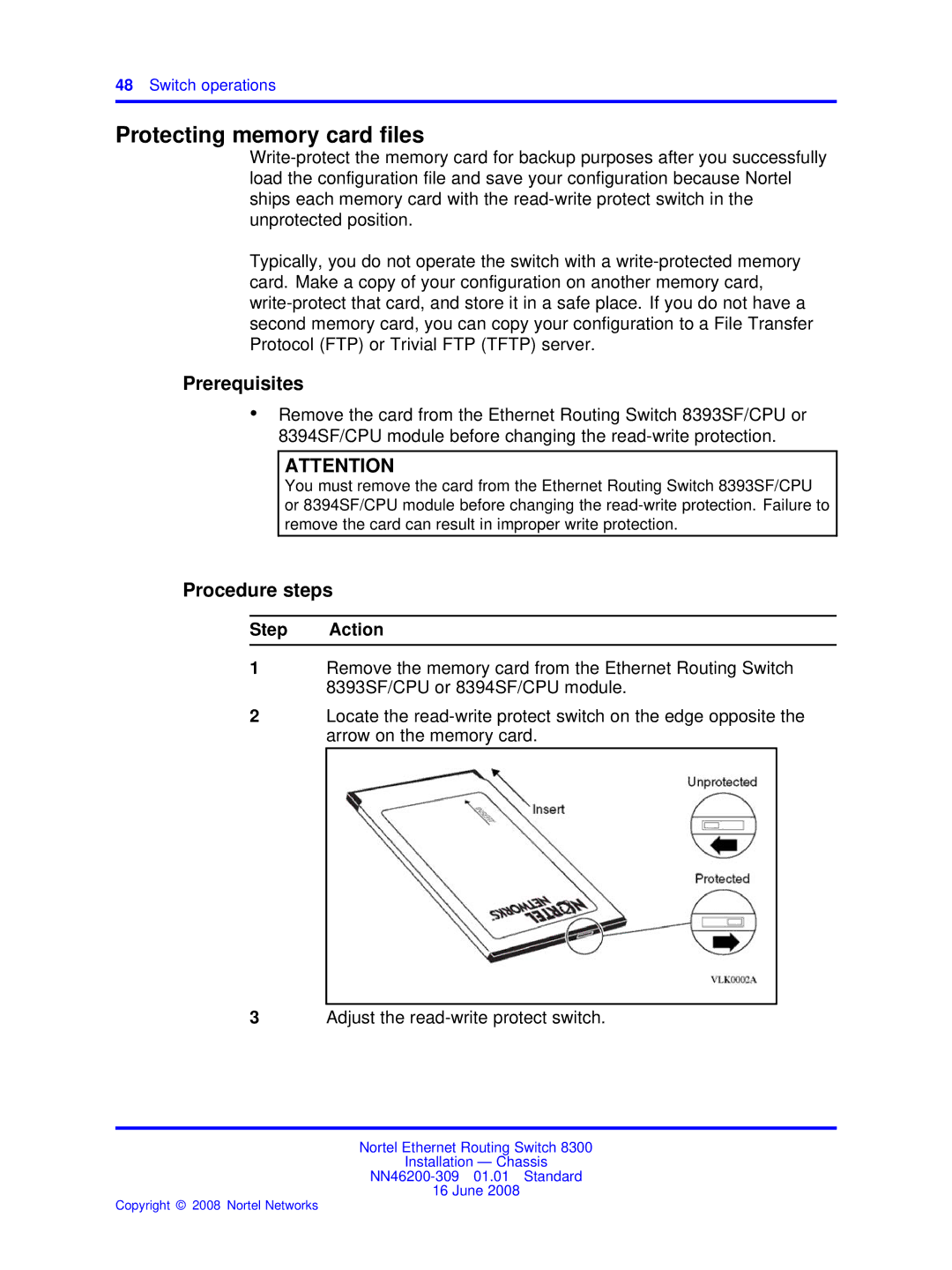 Nortel Networks 8310, 8306 manual Protecting memory card ﬁles, Prerequisites 