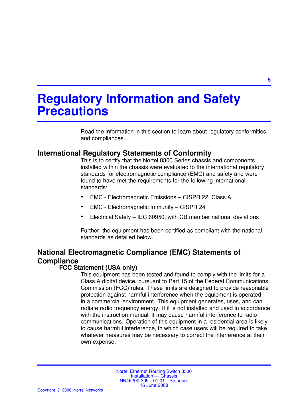 Nortel Networks 8306 Regulatory Information and Safety Precautions, International Regulatory Statements of Conformity 