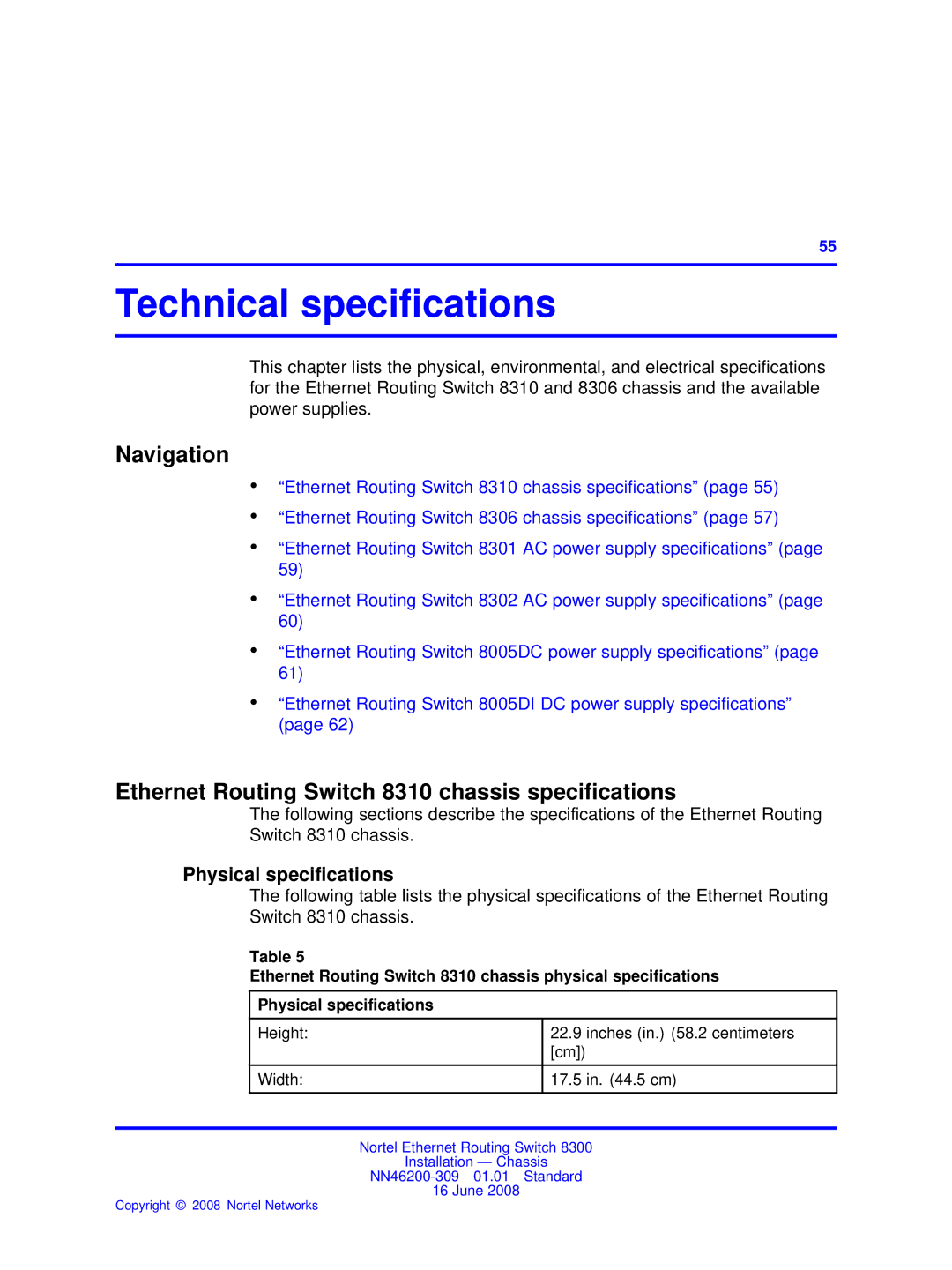 Nortel Networks 8306 Technical speciﬁcations, Ethernet Routing Switch 8310 chassis speciﬁcations, Physical specifications 