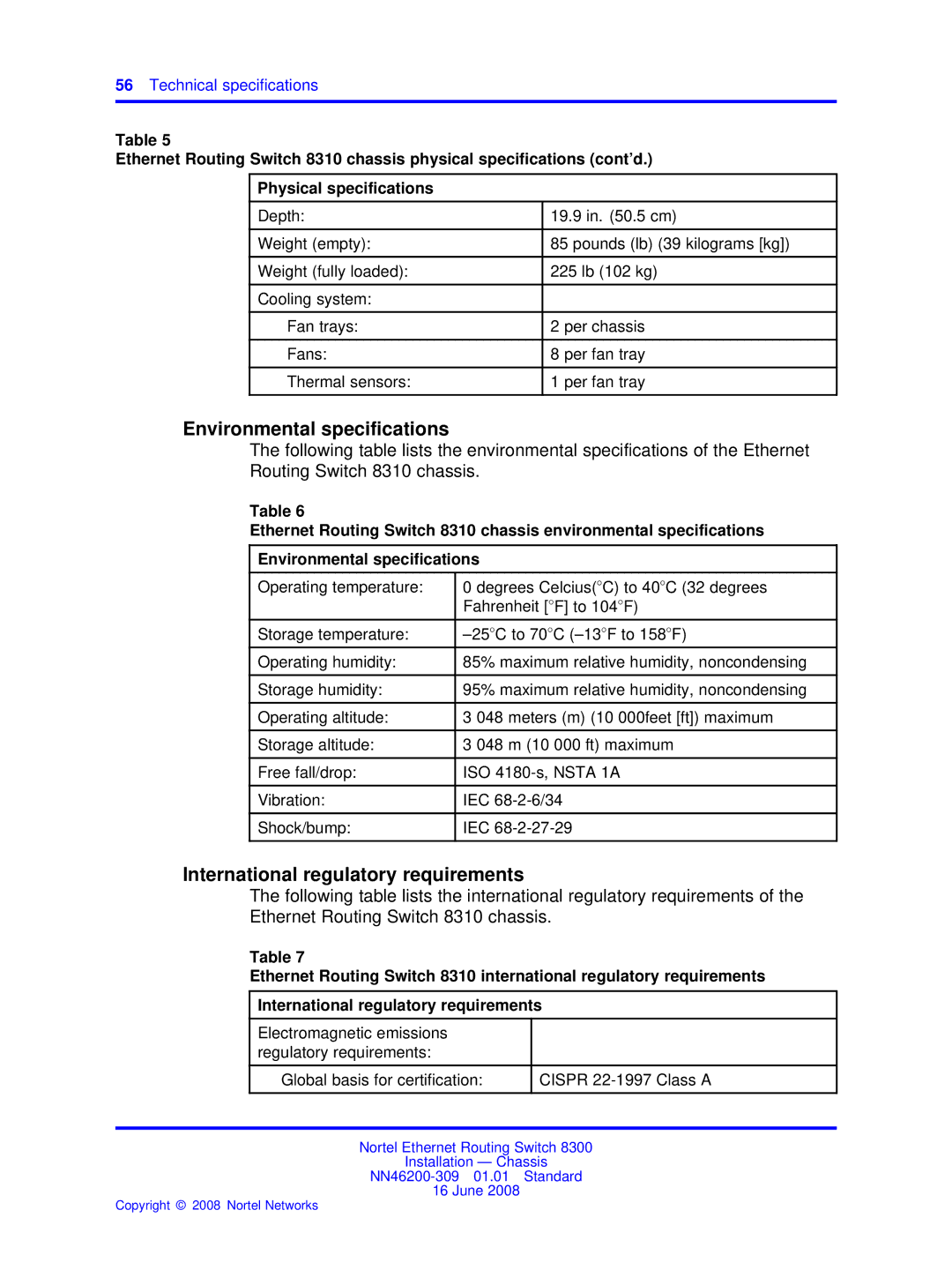 Nortel Networks 8310, 8306 manual International regulatory requirements 