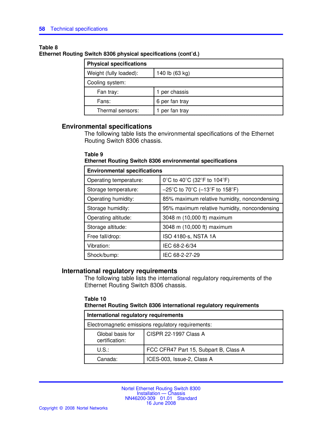 Nortel Networks 8310, 8306 manual International regulatory requirements 