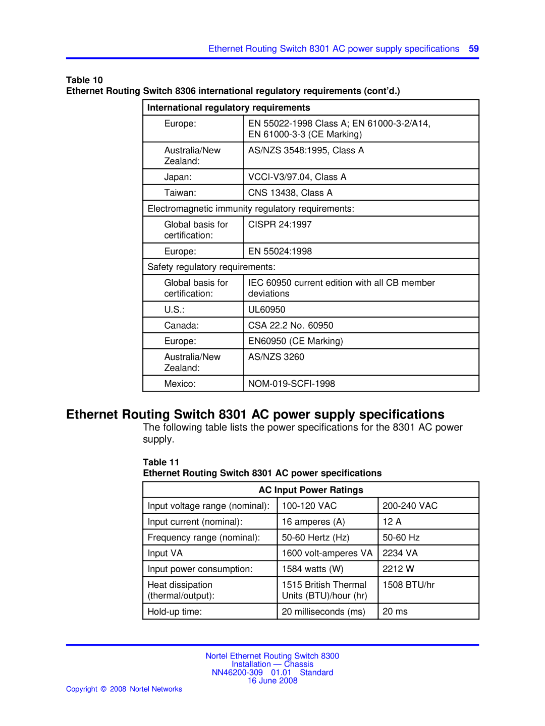 Nortel Networks 8306, 8310 manual Ethernet Routing Switch 8301 AC power supply speciﬁcations 