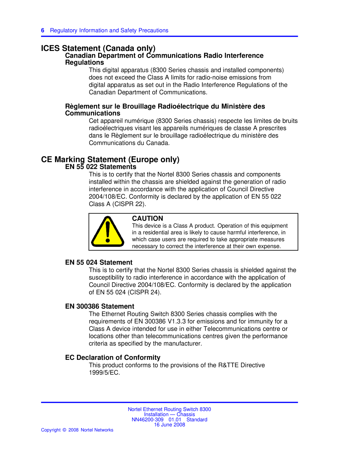 Nortel Networks 8310, 8306 manual Ices Statement Canada only, CE Marking Statement Europe only 