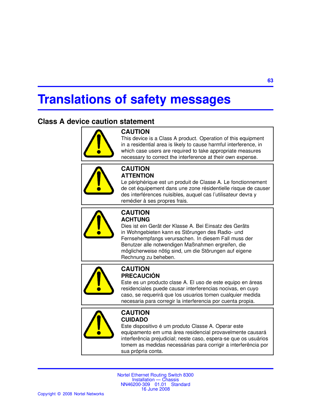 Nortel Networks 8306, 8310 manual Translations of safety messages, Class a device caution statement 