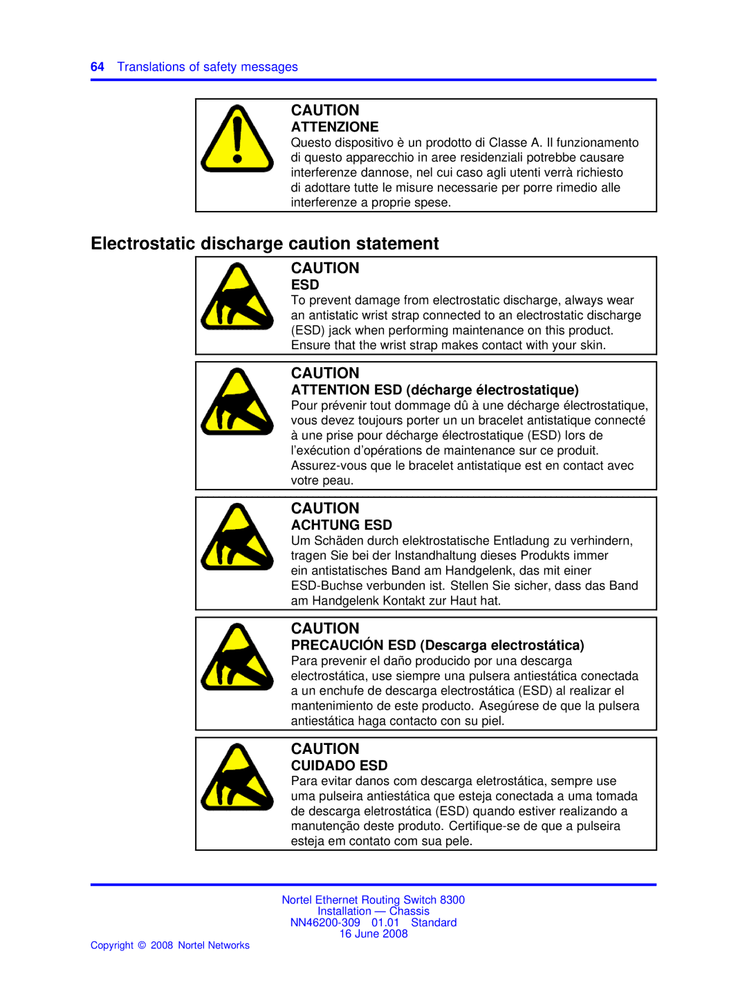 Nortel Networks 8310, 8306 manual Electrostatic discharge caution statement 