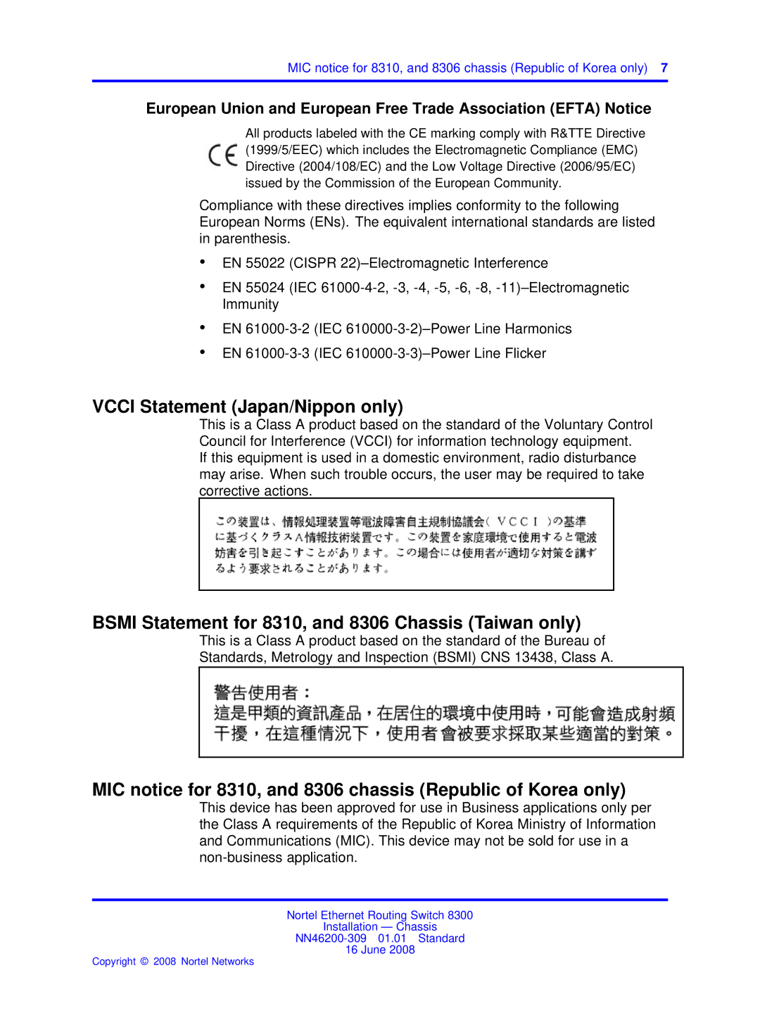 Nortel Networks manual Vcci Statement Japan/Nippon only, Bsmi Statement for 8310, and 8306 Chassis Taiwan only 