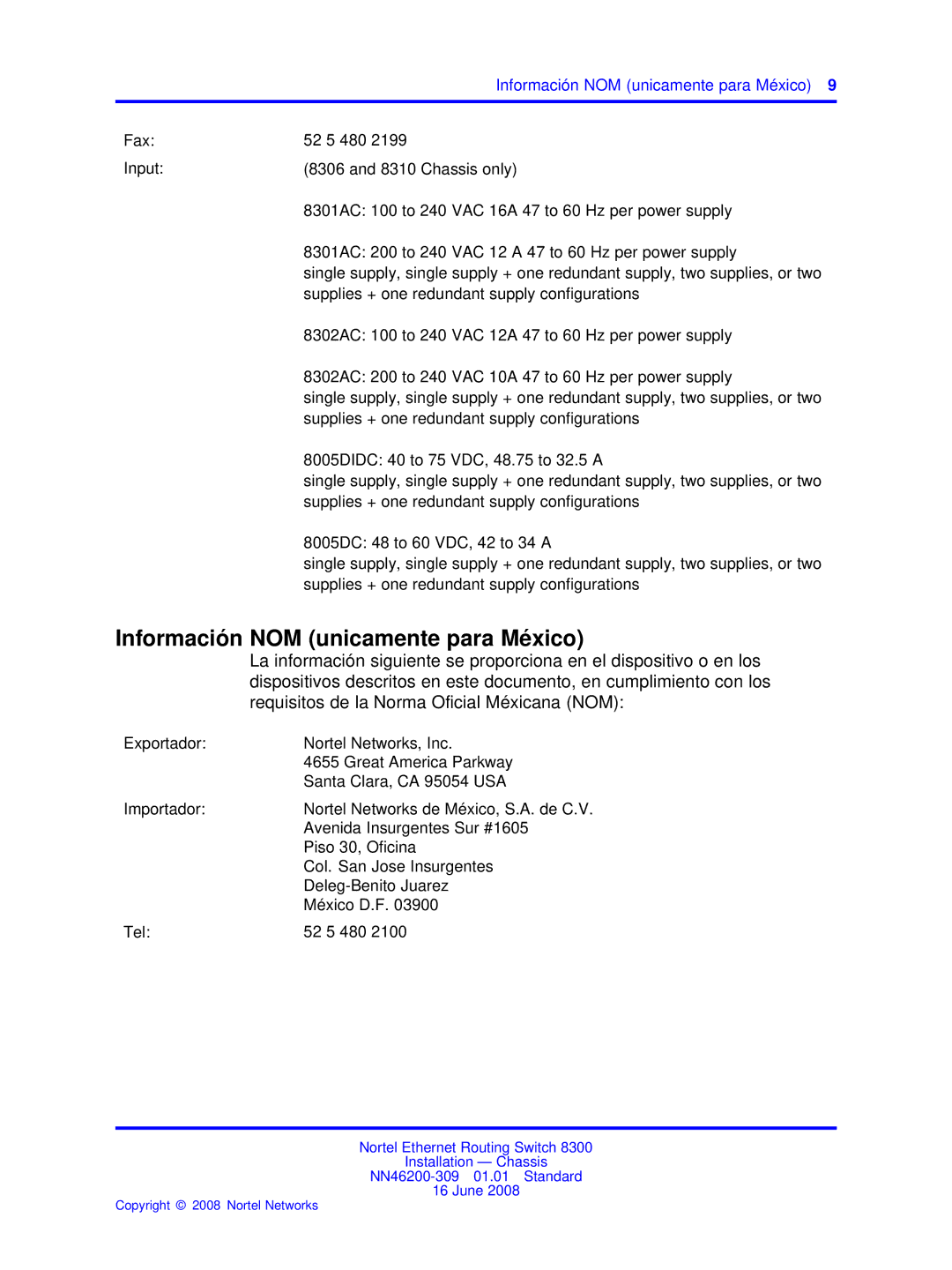 Nortel Networks 8306, 8310 manual Información NOM unicamente para México 