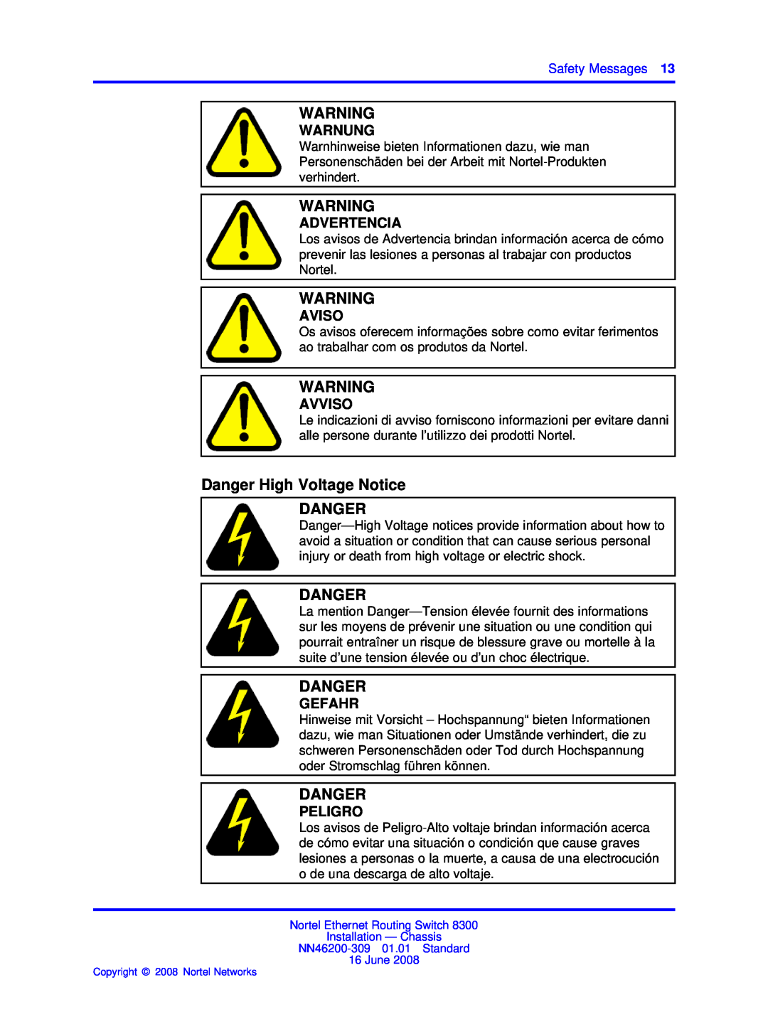 Nortel Networks 8306, 8310 manual Danger High Voltage Notice DANGER, Warnung, Advertencia, Aviso, Avviso, Gefahr, Peligro 