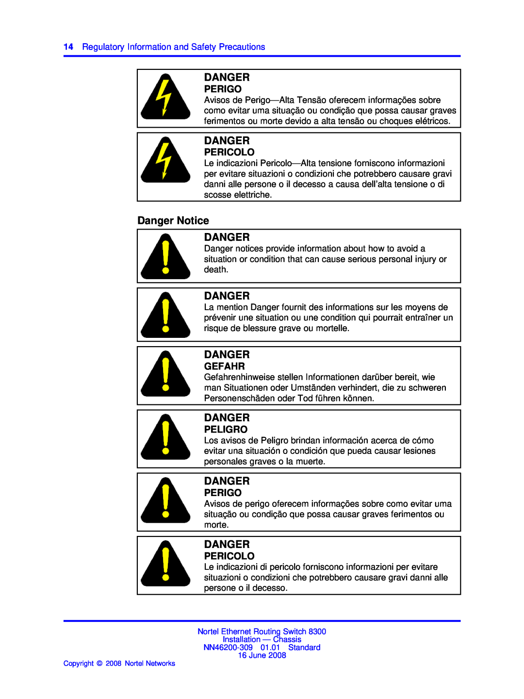 Nortel Networks 8310, 8306 manual Danger Notice DANGER, Perigo, Pericolo, Gefahr, Peligro 