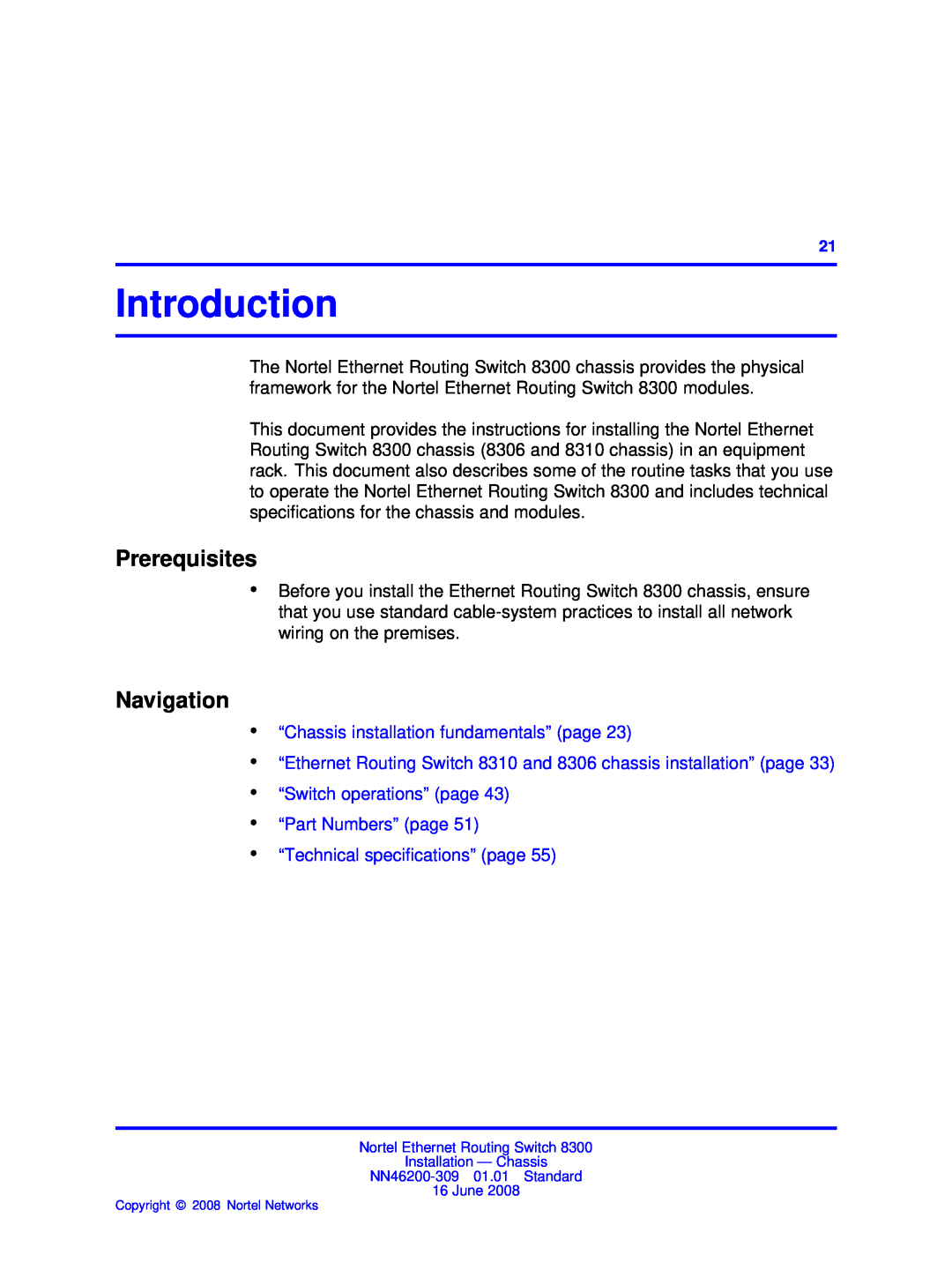 Nortel Networks 8306, 8310 manual Introduction, Prerequisites, Navigation, “Chassis installation fundamentals” page 