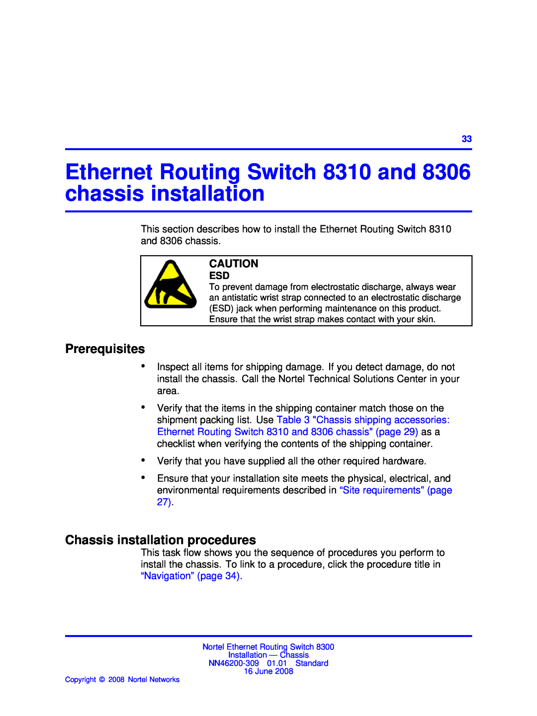 Nortel Networks manual Ethernet Routing Switch 8310 and 8306 chassis installation, Chassis installation procedures 