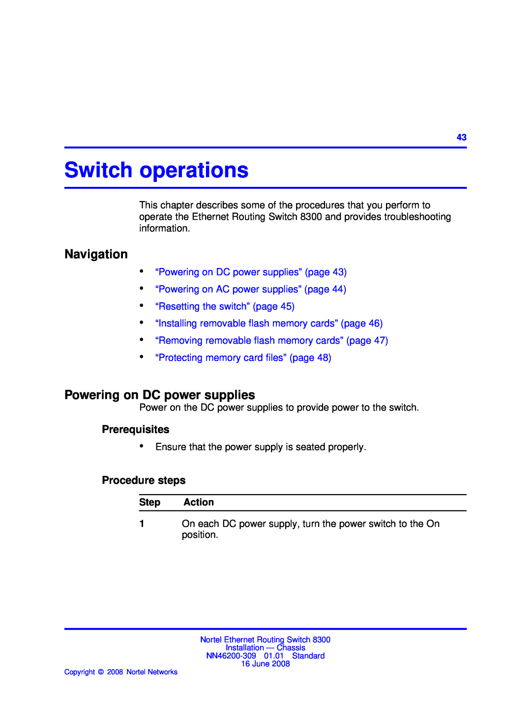 Nortel Networks 8306 Switch operations, “Powering on DC power supplies” page, “Protecting memory card files” page 