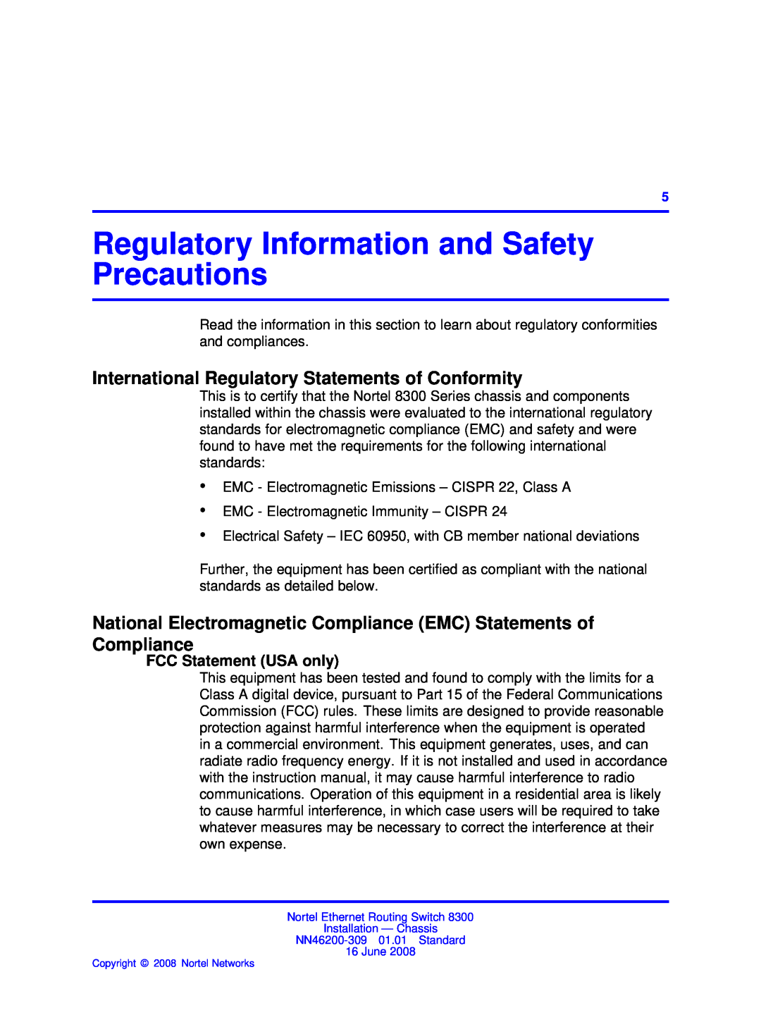 Nortel Networks 8306 Regulatory Information and Safety Precautions, International Regulatory Statements of Conformity 