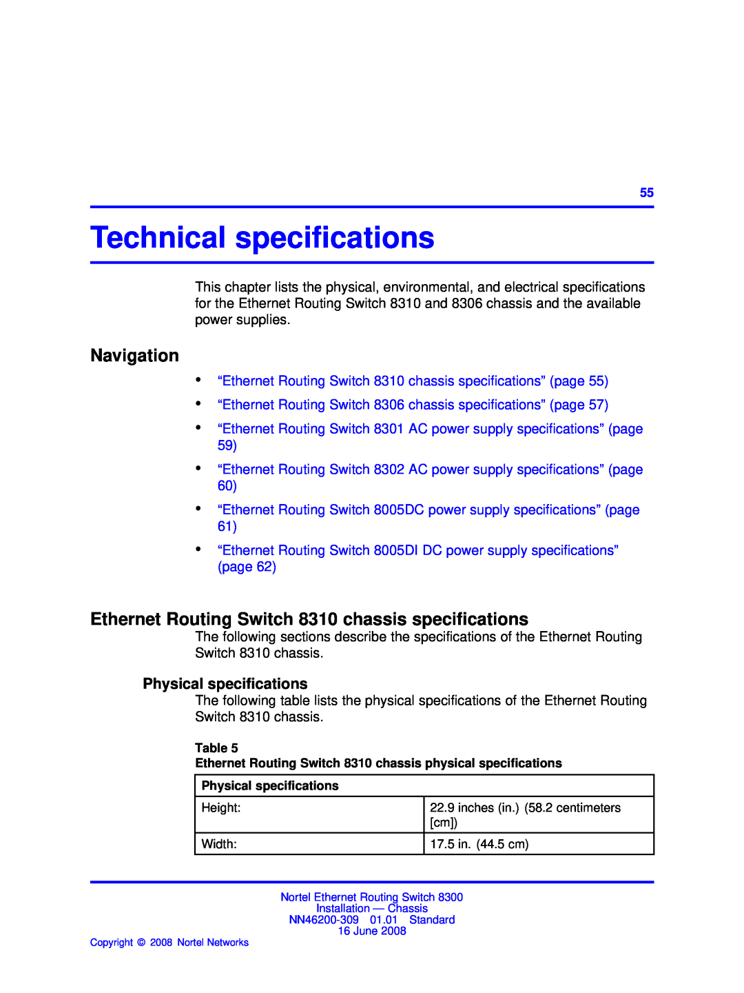 Nortel Networks 8306 Technical speciﬁcations, Ethernet Routing Switch 8310 chassis speciﬁcations, Physical specifications 
