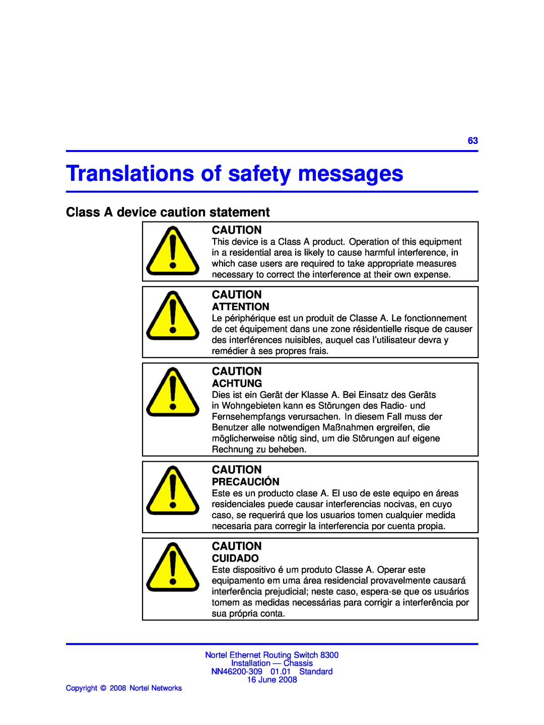 Nortel Networks 8306, 8310 Translations of safety messages, Class A device caution statement, Achtung, Precaución, Cuidado 