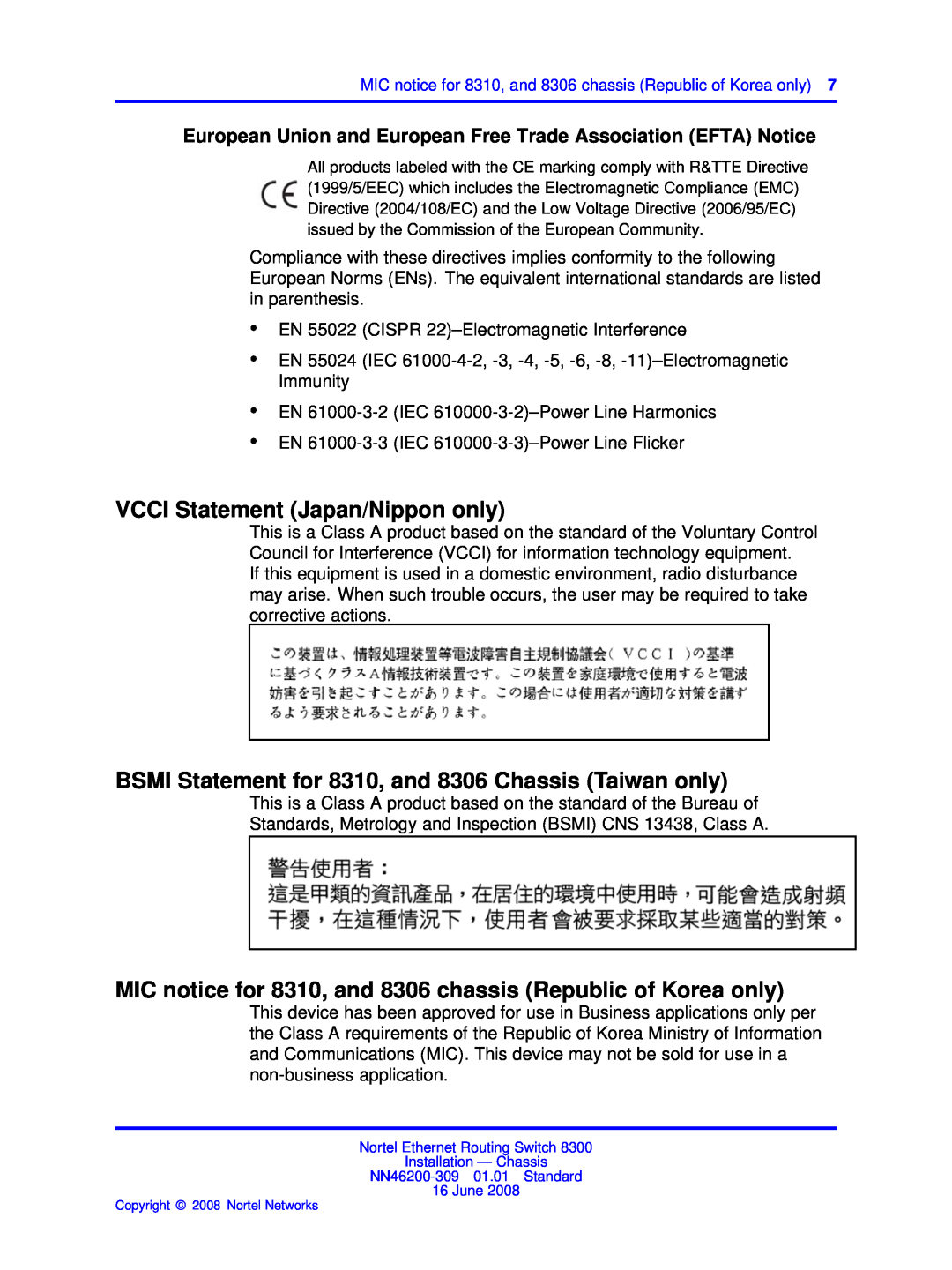 Nortel Networks manual VCCI Statement Japan/Nippon only, BSMI Statement for 8310, and 8306 Chassis Taiwan only 