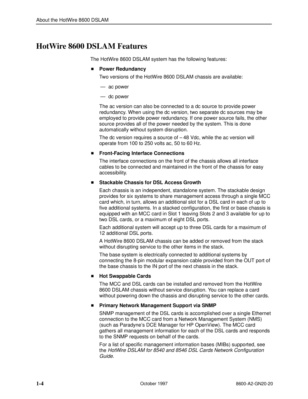 Nortel Networks manual HotWire 8600 Dslam Features, Power Redundancy 