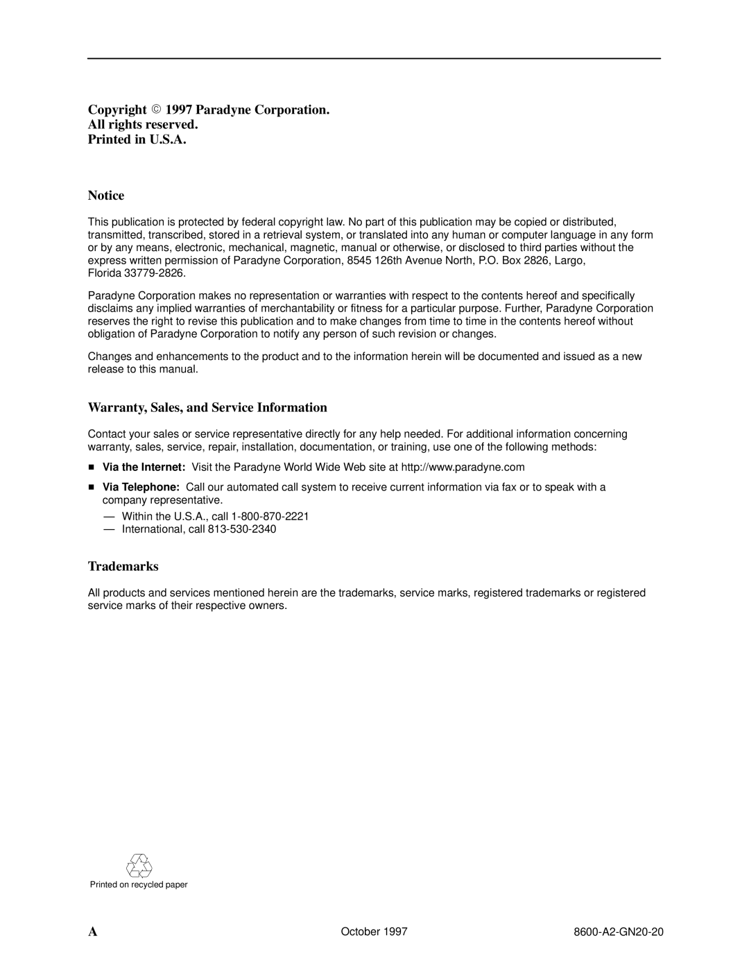 Nortel Networks 8600 Copyright  1997 Paradyne Corporation All rights reserved, Warranty, Sales, and Service Information 