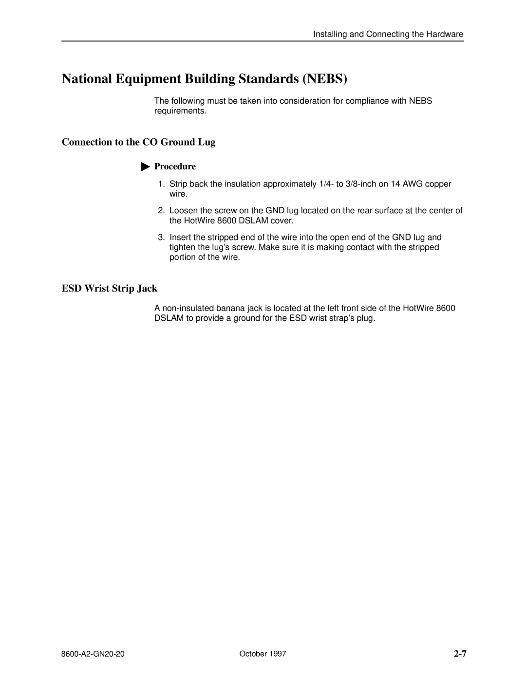 Nortel Networks 8600 National Equipment Building Standards Nebs, Connection to the CO Ground Lug, ESD Wrist Strip Jack 