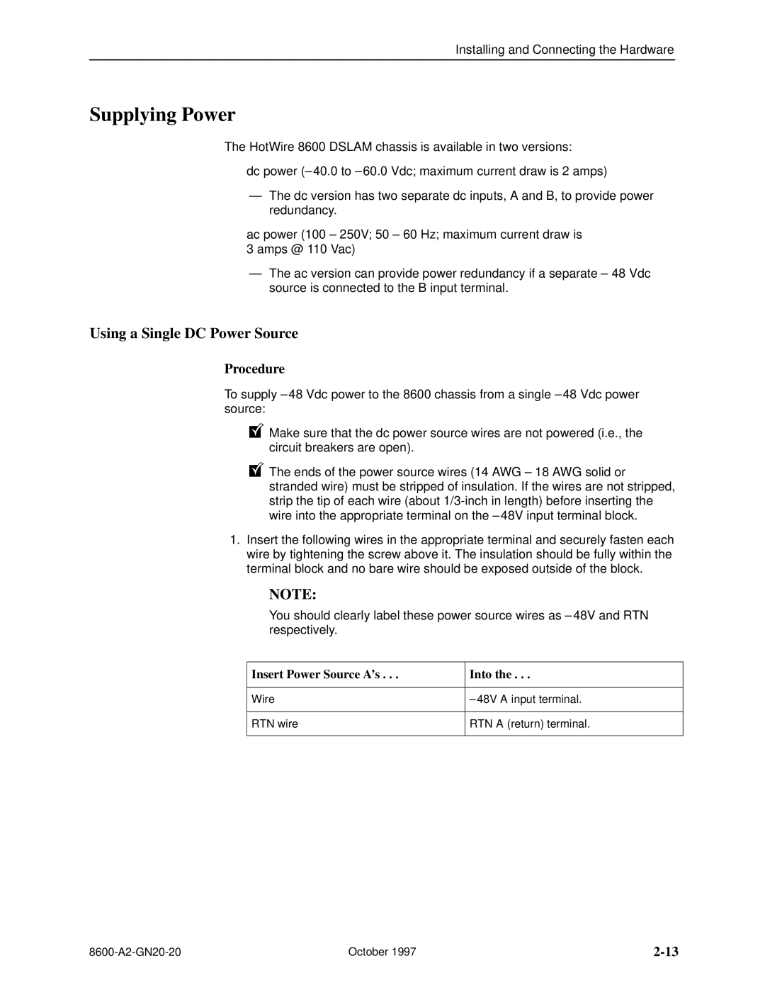 Nortel Networks 8600 manual Supplying Power, Using a Single DC Power Source, Insert Power Source As Into 