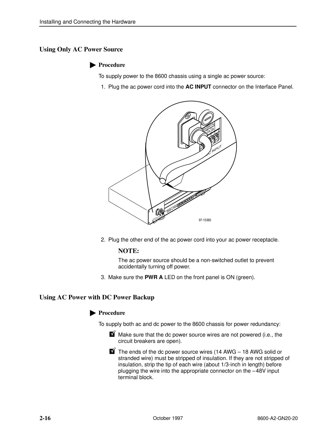 Nortel Networks 8600 manual Using Only AC Power Source, Using AC Power with DC Power Backup 