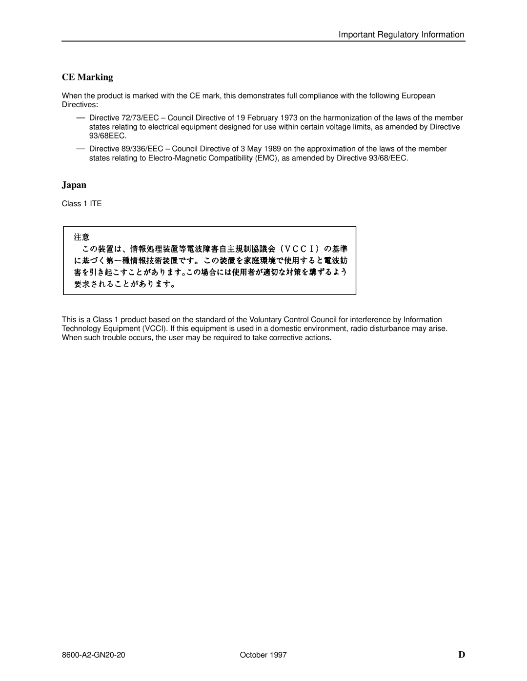 Nortel Networks 8600 manual CE Marking, Japan 