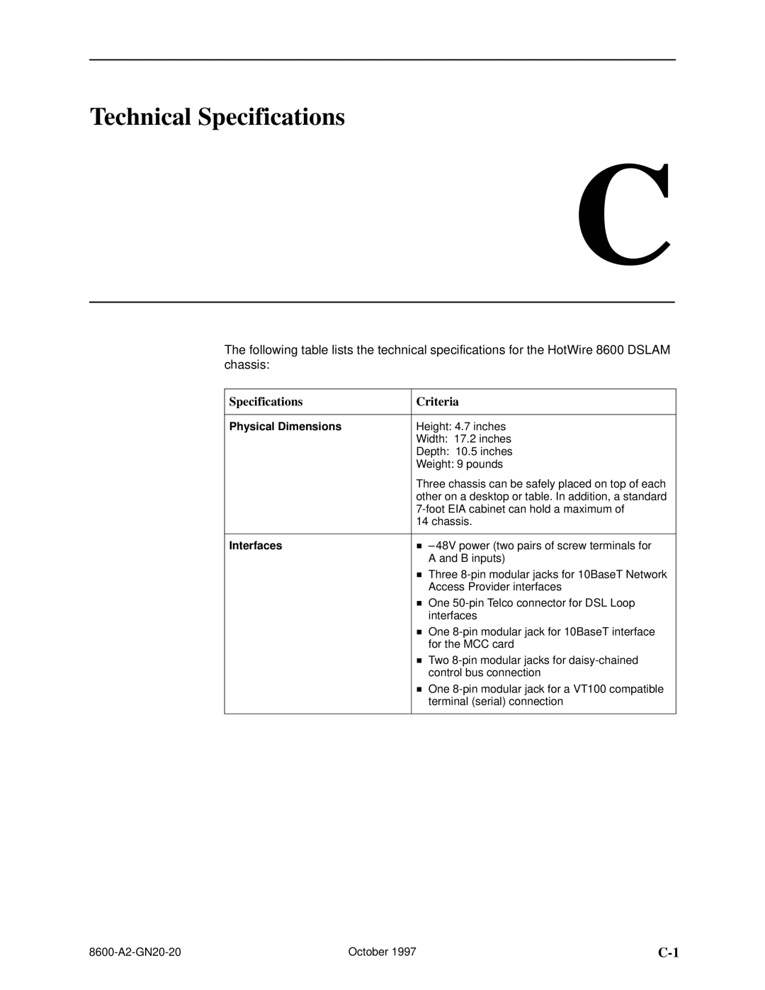 Nortel Networks 8600 manual Technical Specifications, Specifications Criteria 