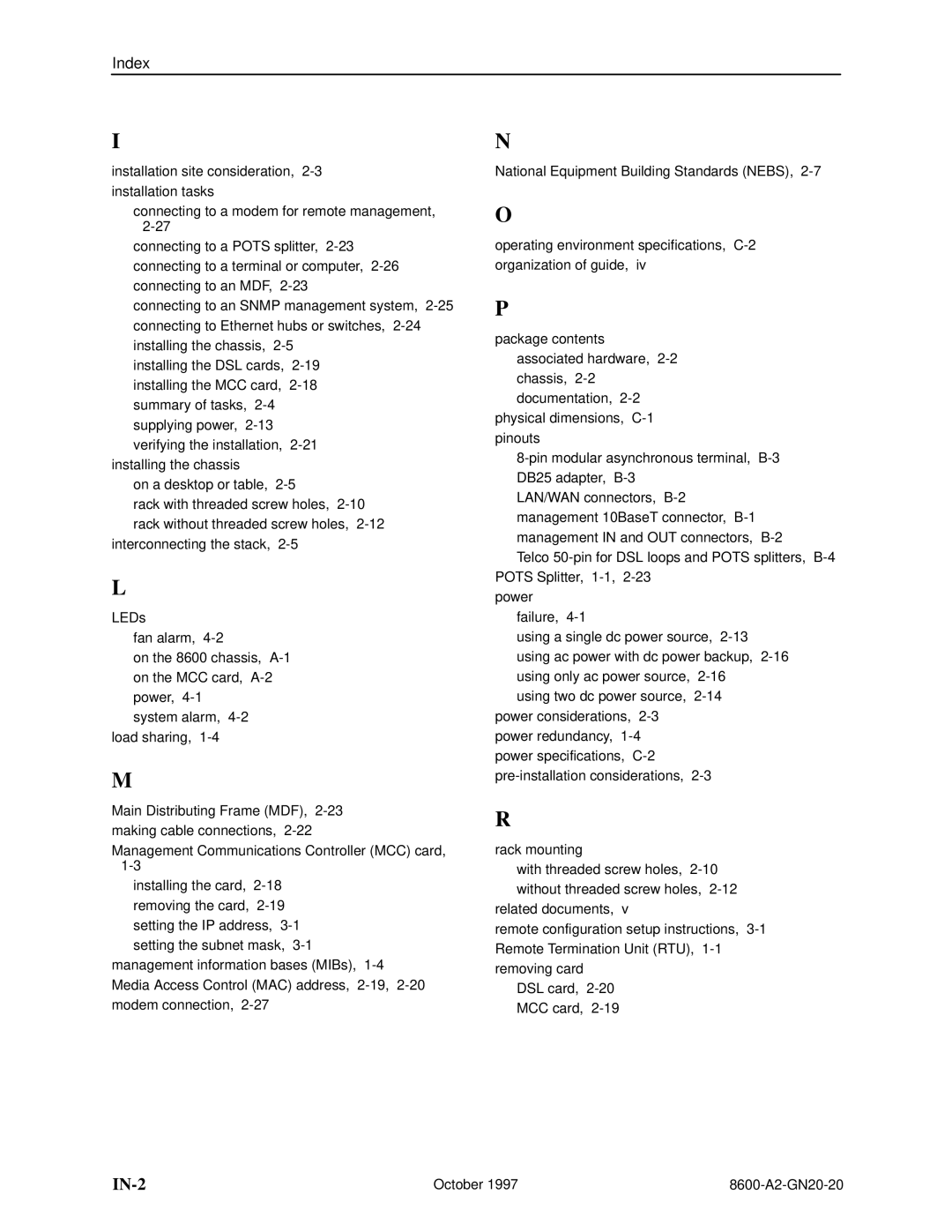 Nortel Networks 8600 manual IN-2, Index 