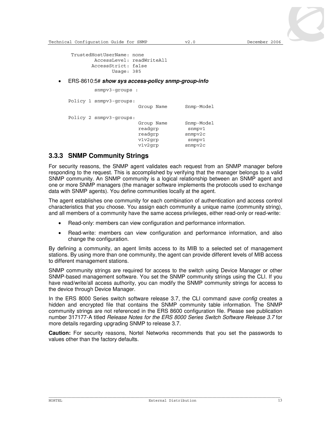 Nortel Networks 8600 manual Snmp Community Strings 