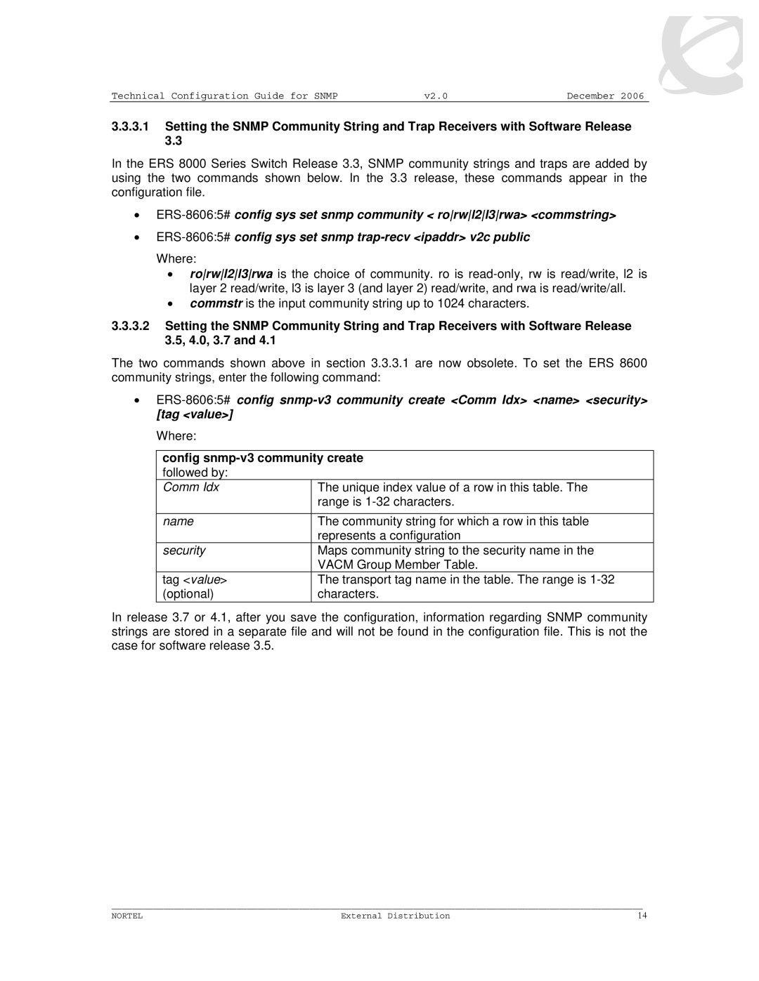 Nortel Networks 8600 manual Config snmp-v3 community create followed by 