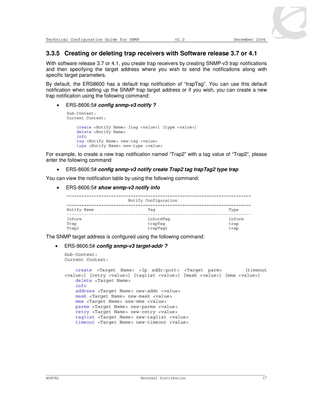 Nortel Networks 8600 manual ERS-86065#config snmp-v3 notify ?, ERS-86065#show snmp-v3 notify info 