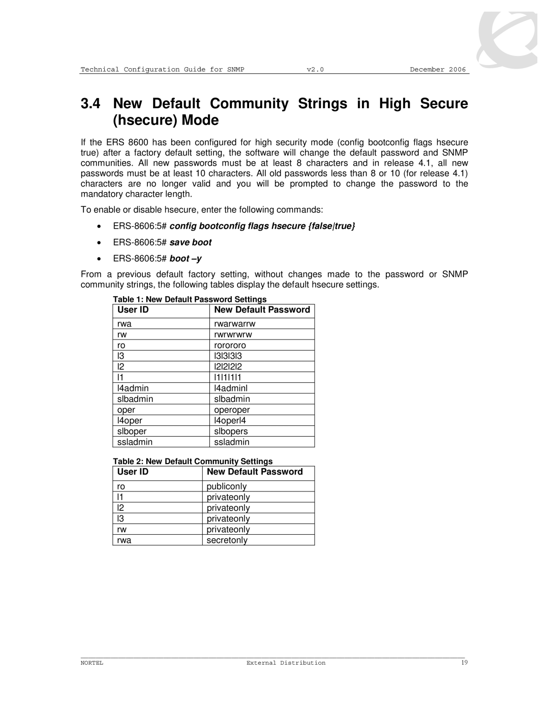 Nortel Networks 8600 manual New Default Community Strings in High Secure hsecure Mode 