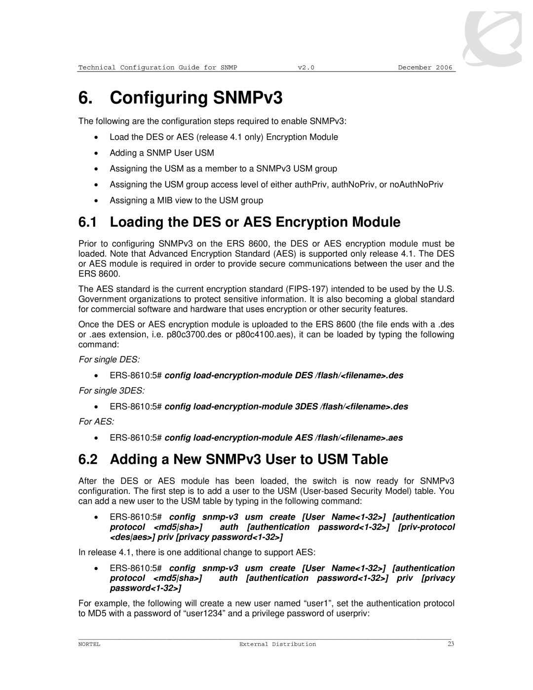 Nortel Networks 8600 Configuring SNMPv3, Loading the DES or AES Encryption Module, Adding a New SNMPv3 User to USM Table 