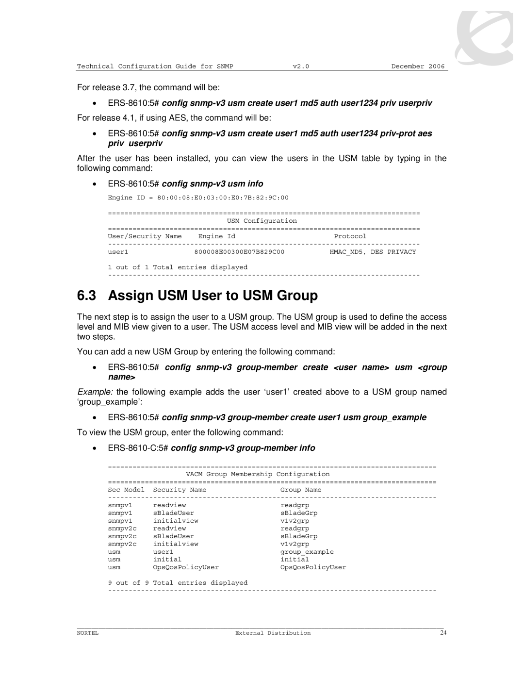 Nortel Networks 8600 manual Assign USM User to USM Group, ERS-86105#config snmp-v3 usm info 