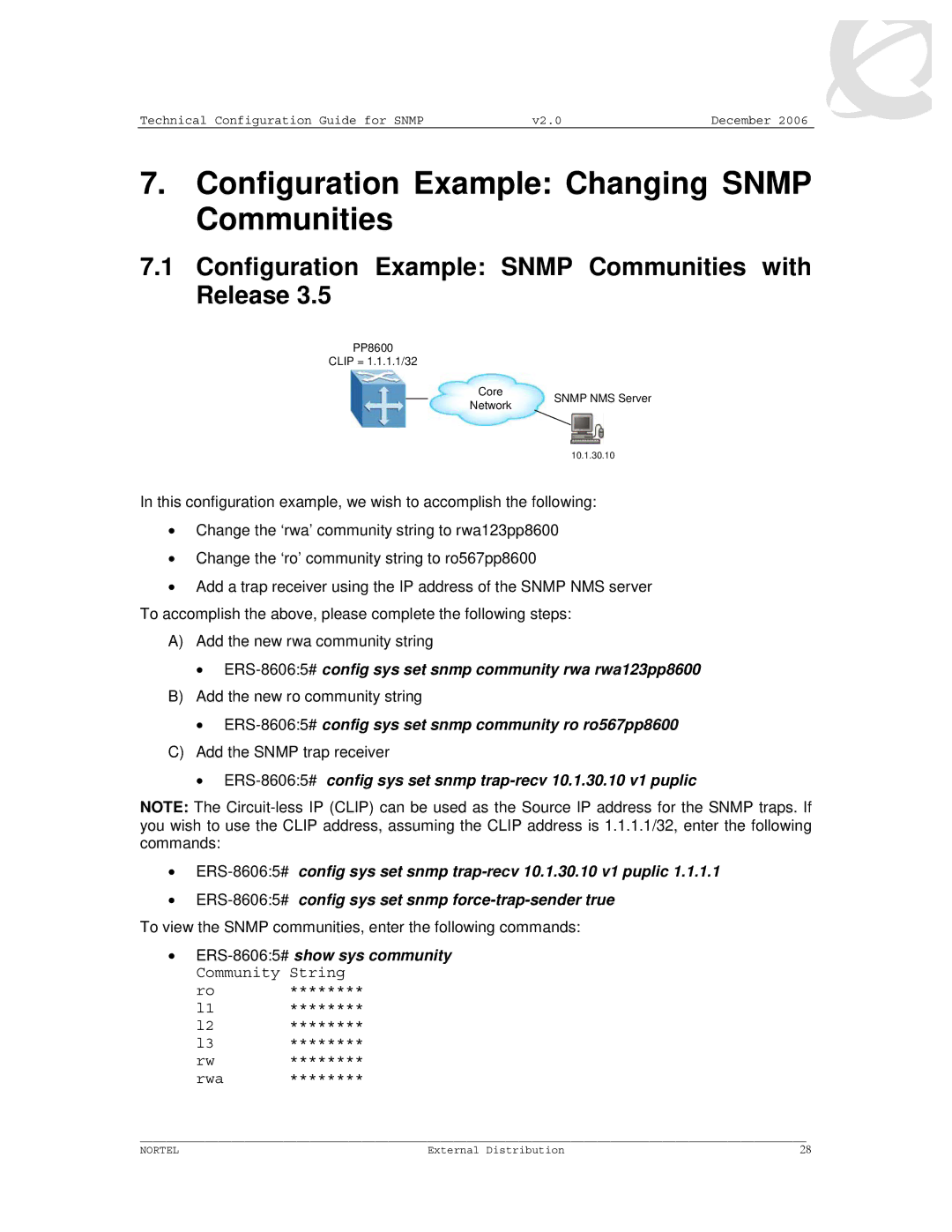 Nortel Networks 8600 Configuration Example Changing Snmp Communities, Configuration Example Snmp Communities with Release 