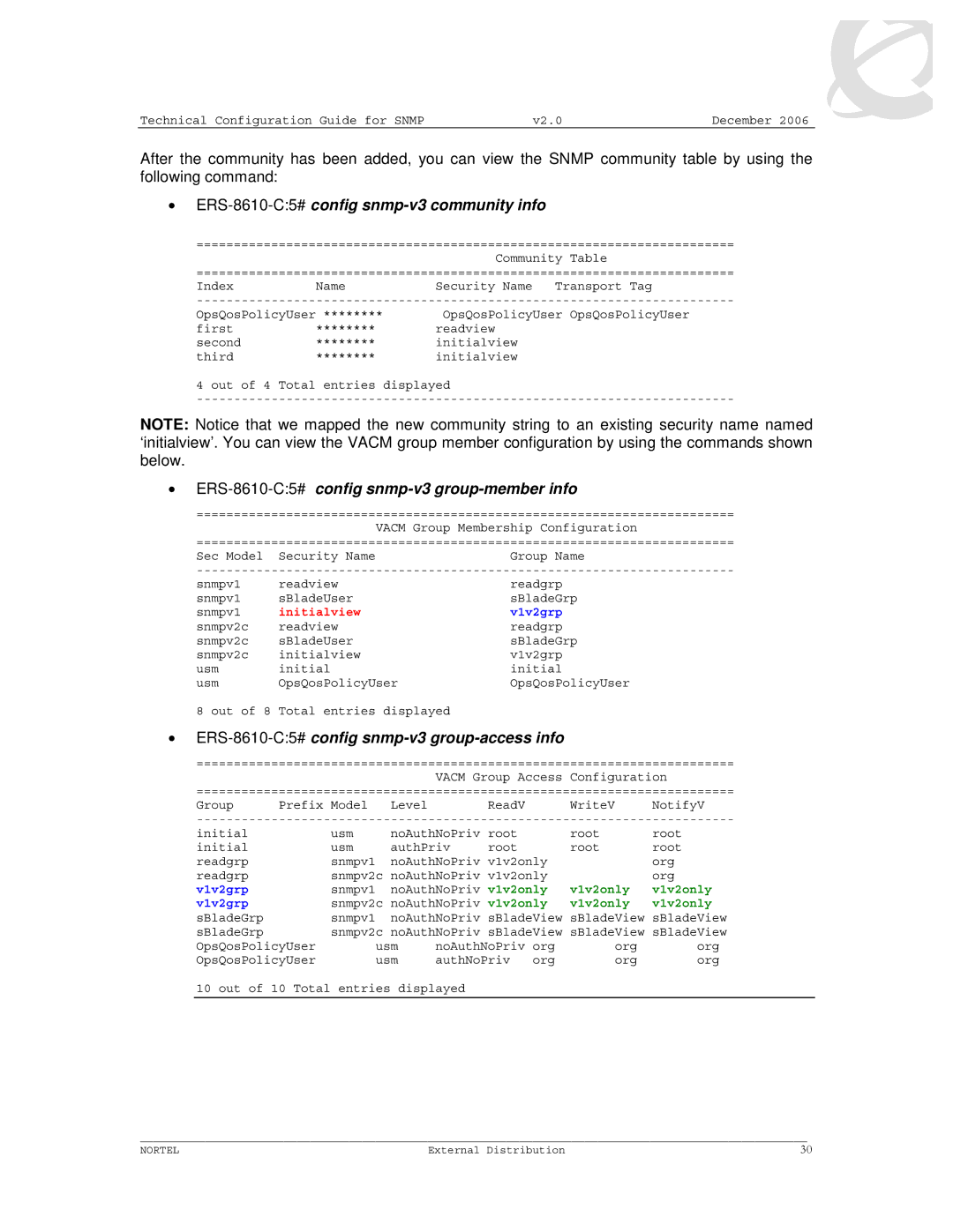 Nortel Networks 8600 manual ERS-8610-C5#config snmp-v3 community info, ERS-8610-C5#config snmp-v3 group-access info 