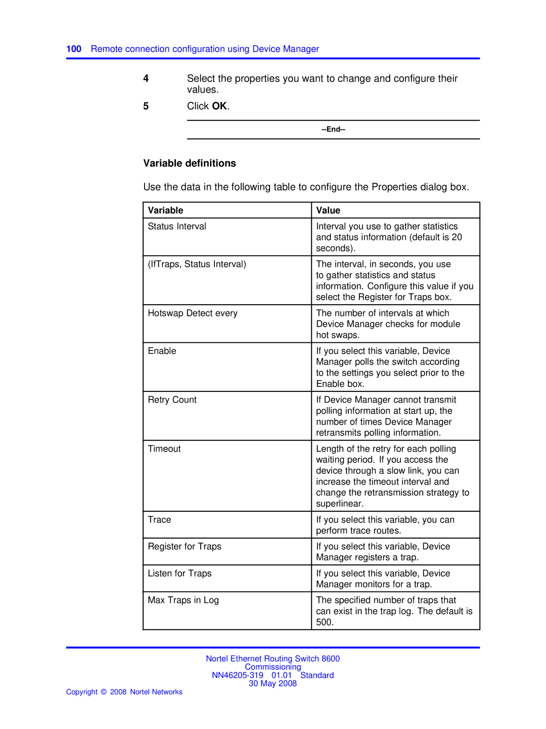 Nortel Networks 8600 manual Variable definitions 