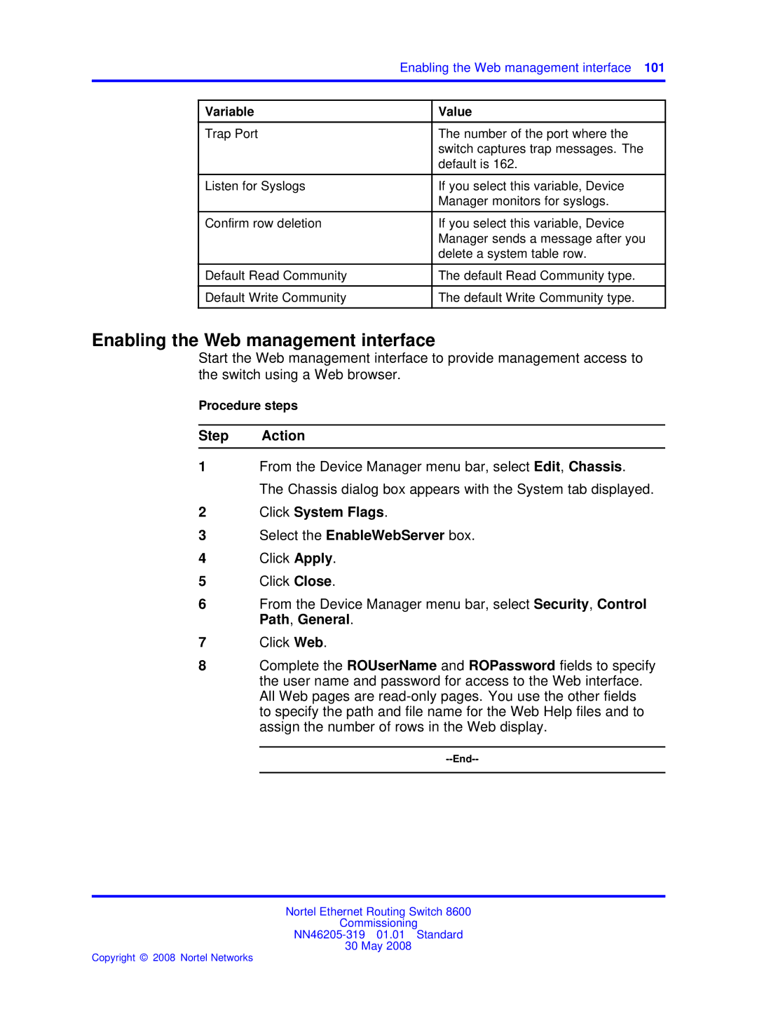 Nortel Networks 8600 manual Enabling the Web management interface, Click System Flags Select the EnableWebServer box 