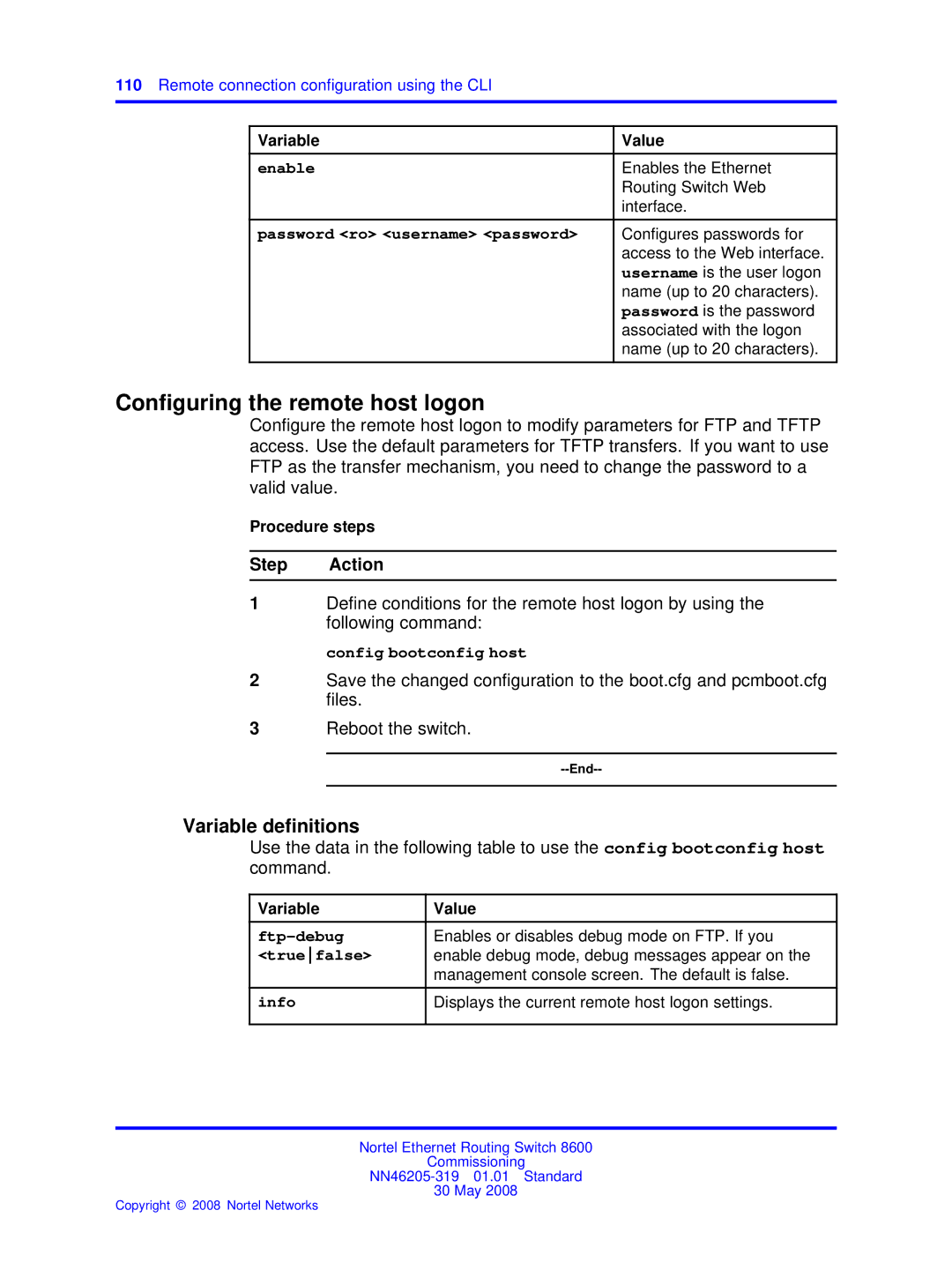 Nortel Networks 8600 manual Conﬁguring the remote host logon, Ftp-debug 