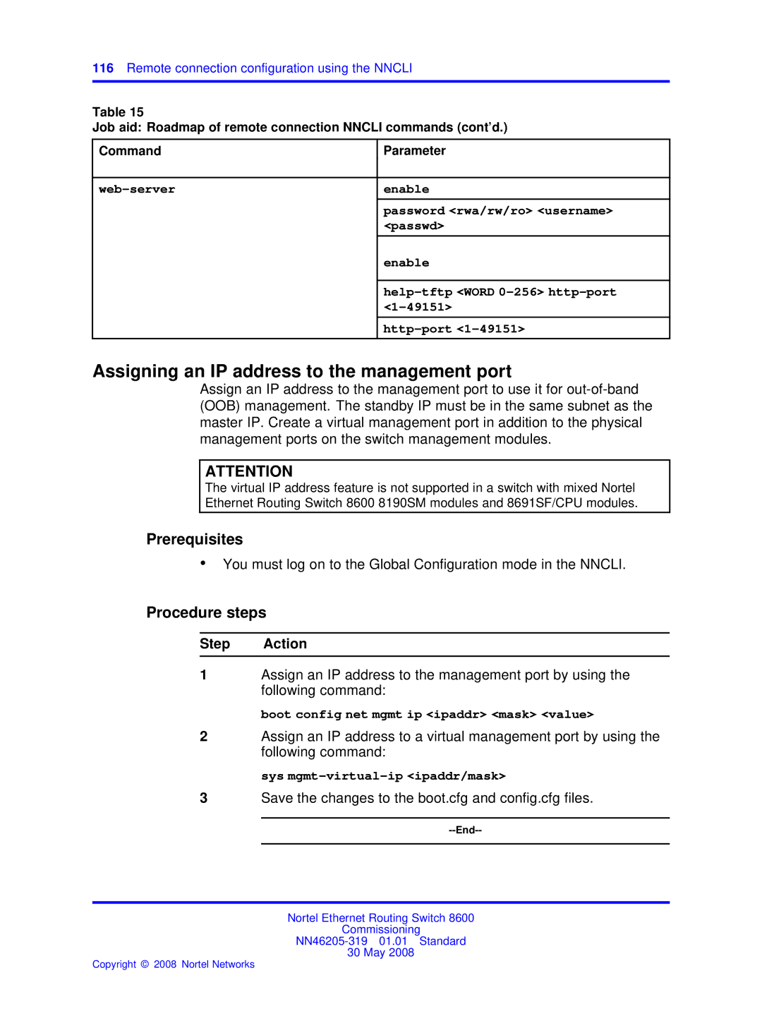 Nortel Networks 8600 manual Web-server, Boot config net mgmt ip ipaddr mask value 