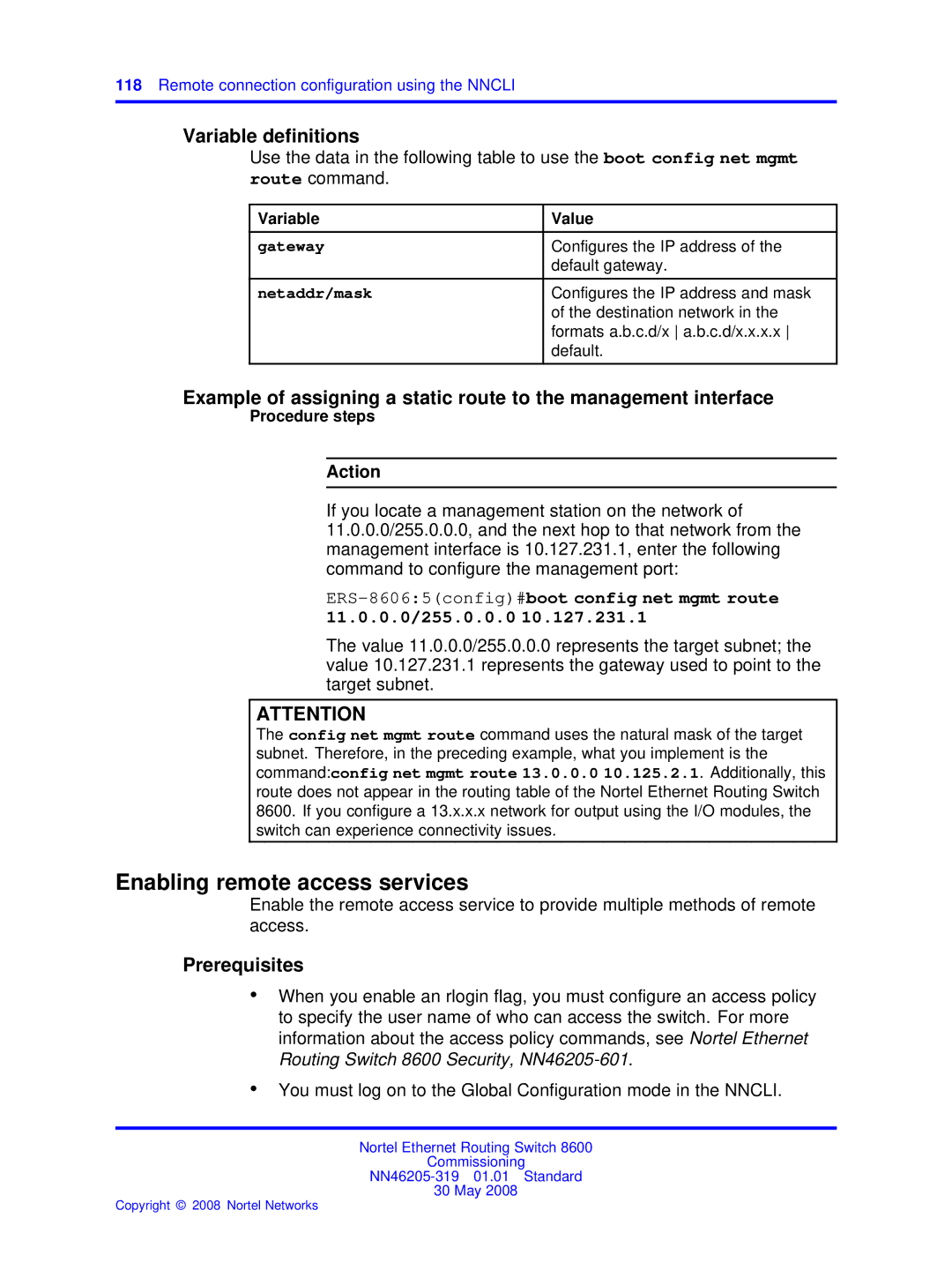 Nortel Networks 8600 manual Enabling remote access services 