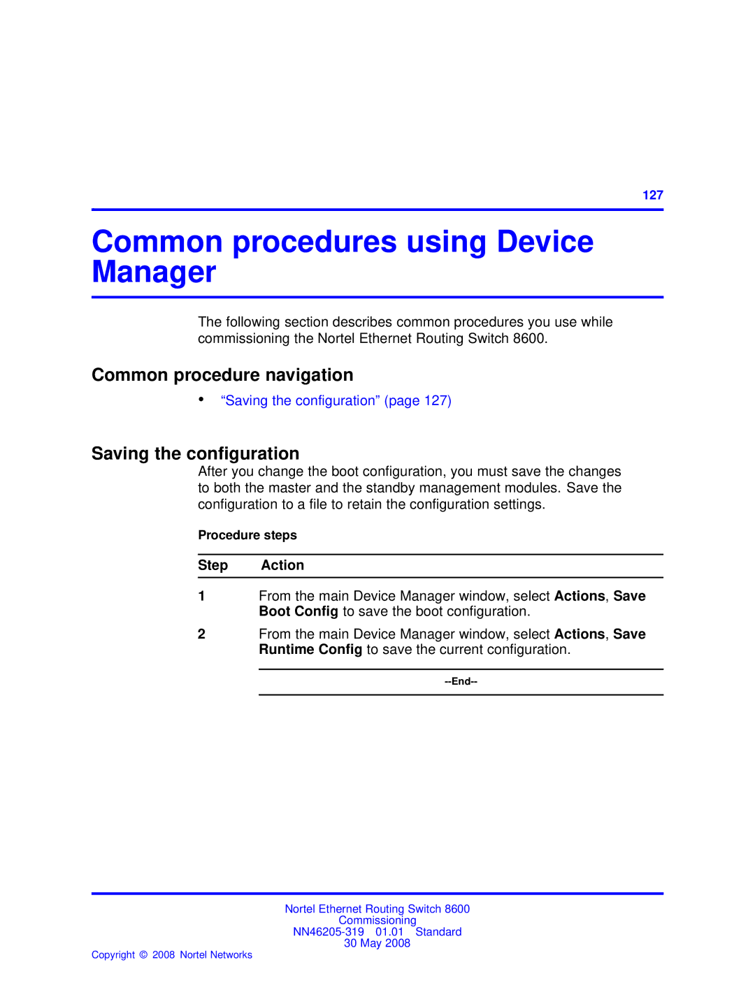 Nortel Networks 8600 manual Common procedures using Device Manager, Common procedure navigation, Saving the conﬁguration 